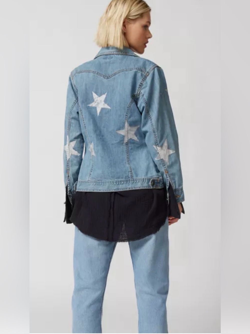 Umgee Light Blue Denim Jacket with White Star Appliqués